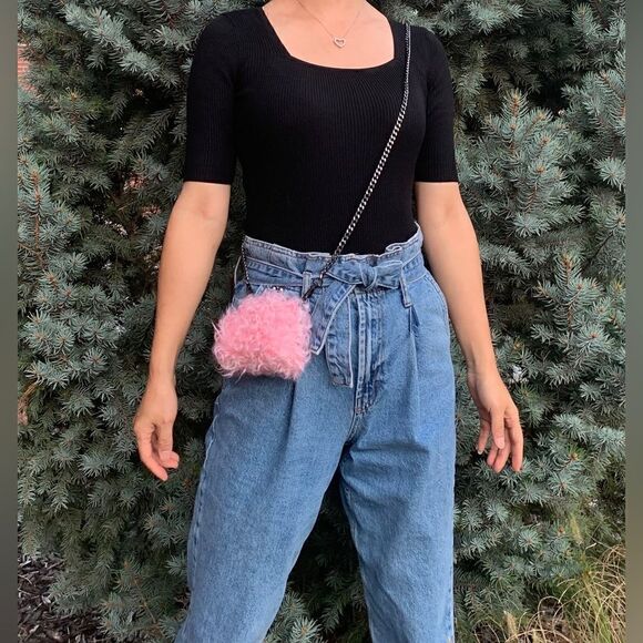 Pink Real Shearling Handmade Kisslock Mini Clutch, Coin Pouch, Crossbody - Picture 2 of 11